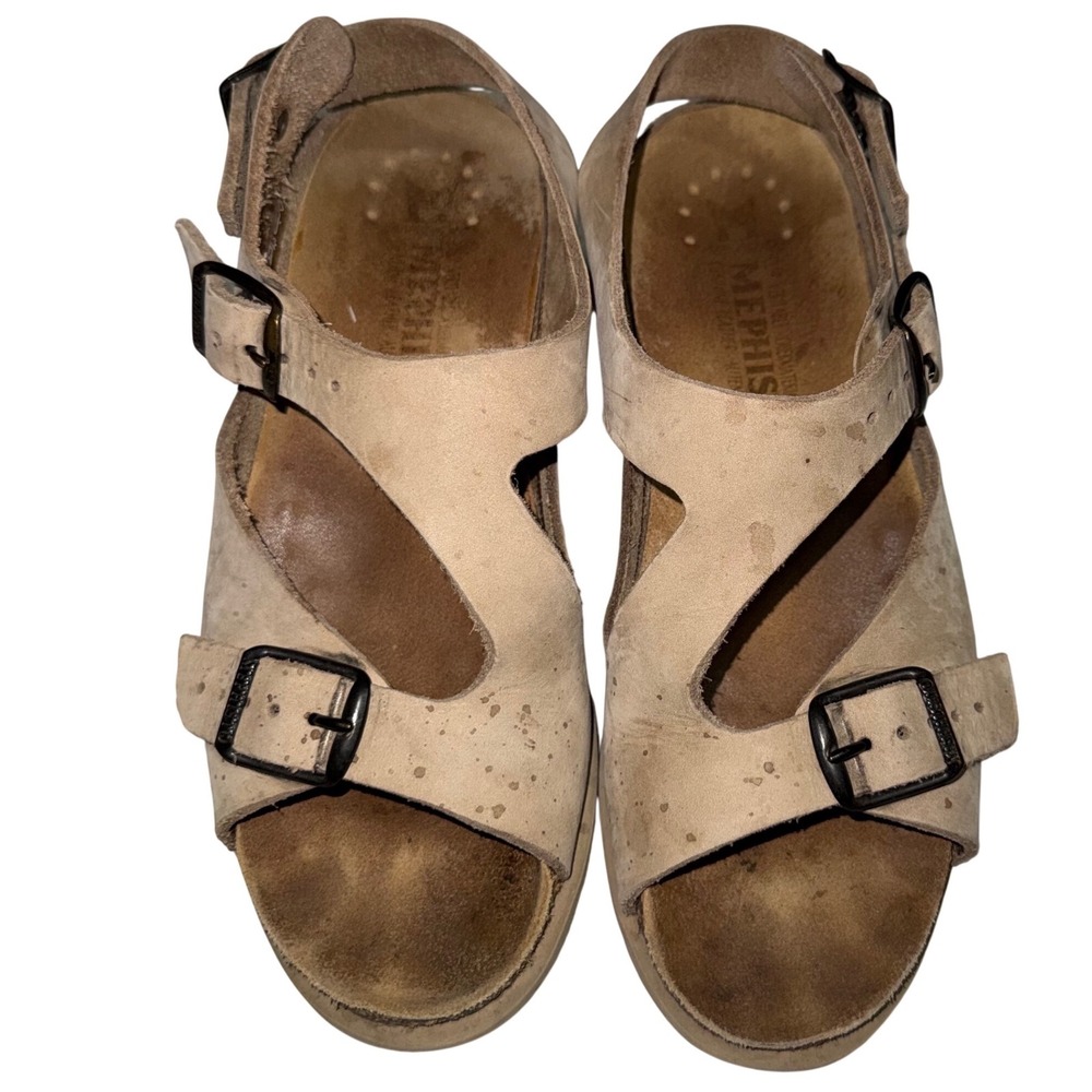Mephisto Sandals 38 Tan Suede 3 Buckle Wedge Made in‎ France Granolacore
